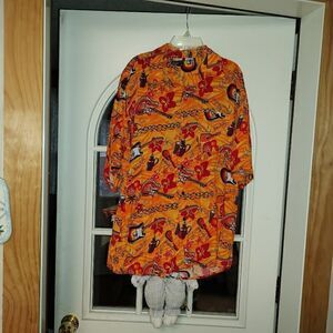 212 NYC Hawaiian Aloha Guitar Hawaiian Cities Orange Button Down Shirt  Men's M